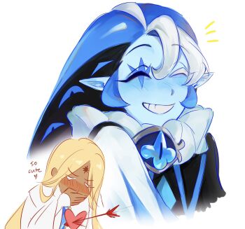 2boys arrow_through_heart black_shirt blonde_hair blue_hair blue_skin blush brooch closed_eyes colored_skin commentary cookie_run cookie_run:_kingdom covering_own_mouth dark-skinned_male dark_skin english_commentary english_text eye_brooch facial_mark forehead_mark hair_between_eyes hand_on_own_face heart highres humanization jewelry long_hair long_sleeves male_focus multicolored_hair multiple_boys neck_ruff notice_lines pointy_ears pure_vanilla_cookie rin65303010 robe shadow_milk_cookie shirt simple_background smile teeth two-tone_hair upper_body white_background white_hair white_robe wide_sleeves yaoi