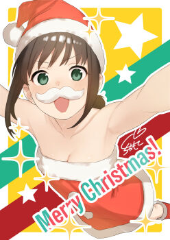 1girl :d alternate_costume armpits blush boots border breasts brown_hair cleavage collarbone commentary_request dress fake_facial_hair fake_mustache from_above fubuki_(kancolle) full_body fur-trimmed_boots fur-trimmed_dress fur-trimmed_headwear fur_trim green_eyes hat highres kantai_collection long_hair low_twintails merry_christmas open_mouth outline outside_border outstretched_arms red_boots sakiecho santa_costume santa_dress santa_hat sidelocks signature sleeveless sleeveless_dress smile solo star_(symbol) strapless strapless_dress twintails white_border white_outline yellow_background