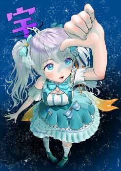 1girl absurdres aburaeoyaji ahoge aqua_dress aqua_eyes argyle_clothes asymmetrical_legwear blue_ribbon bow commentary_request dress frilled_dress frilled_socks frills hair_bow highres indie_virtual_youtuber mismatched_legwear open_mouth ribbon rocket_hair_ornament short_sleeves smile socks solo space star_(sky) star_(symbol) star_print twintails usui_clear virtual_youtuber white_hair