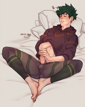 1boy boku_no_hero_academia covered_testicles feet freckles green_hair highres hood hood_down leggings lying male_focus male_masturbation masturbation midoriya_izuku moaning nose on_back pillow pubic_hair short_hair soles solo spacenipnops teeth toes