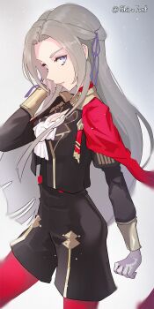Rule 34 | 1girl, absurdres, blue eyes, breasts, cape, edelgard von hresvelg, fire emblem, fire emblem: three houses, garreg mach monastery uniform, grey hair, hair ribbon, highres, long hair, looking at viewer, nintendo, pantyhose, purple ribbon, red cape, red pantyhose, ribbon, shiro font, small breasts, solo