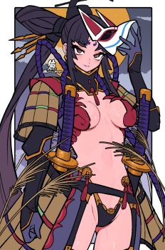 1girl absurdres armor black_hair black_hat breasts facial_mark fate/grand_order fate_(series) forehead_mark fox_mask full_moon garter_belt hacco_mayu hair_bun hat highres japanese_armor katana kote large_breasts long_hair long_sleeves looking_at_viewer mask moon multicolored_eyes navel night orange_eyes parted_bangs purple_eyes revealing_clothes shoulder_armor side_ponytail sidelocks single_side_bun sky sode suneate sword taira_no_kagekiyo_(fate) taira_no_kagekiyo_(third_ascension)_(fate) tassel unworn_mask ushiwakamaru_(fate) very_long_hair weapon