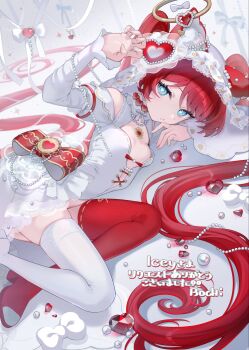 1girl animal_ears asymmetrical_legwear blue_eyes bochibochi_(gyuuniku_6000) bow breasts character_request cleavage_cutout clothing_cutout commentary_request commission copyright_request fingernails gem heart heart_in_eye highres jewelry leotard long_hair long_sleeves looking_at_viewer necklace pearl_(gemstone) pearl_necklace red_bow red_gemstone red_hair red_thighhighs shoulder_cutout skeb_commission small_breasts solo symbol_in_eye thighhighs twintails veil very_long_hair white_leotard white_thighhighs