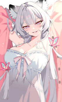 Rule 34 | 1girl, animal ear fluff, animal ears, breasts, bug, butterfly, cardigan, cleavage, collarbone, commentary request, dress, grey hair, highres, insect, korean commentary, large breasts, long hair, mole, mole under eye, multiple moles, open cardigan, open clothes, original, pink cardigan, pink eyes, simple background, smile, solo, white background, white dress, yotte
