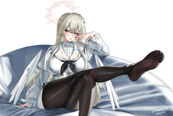1girl absurdres black_neckerchief black_pantyhose blonde_hair blue_archive blush braid breasts brown_eyes capelet commentary_request crossed_bangs crossed_legs crown_braid dress flower hair_flower hair_ornament halo highres large_breasts long_hair long_sleeves looking_at_viewer nagisa_(blue_archive) neckerchief pantyhose parted_lips puffy_long_sleeves puffy_sleeves red_halo sailor_collar shangdi_de_fa_zhang sidelocks sitting solo thighs white_capelet white_dress white_sailor_collar
