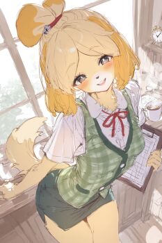 1girl absurdres animal_crossing animal_ears animal_nose black_eyes blush body_fur clock commentary dog_ears dog_girl dog_tail english_commentary furry furry_female green_skirt highres isabelle_(animal_crossing) klopsiak looking_at_viewer nintendo open_mouth pencil_skirt shirt short_hair skirt smile snout solo tail teeth thighs white_shirt window yellow_fur