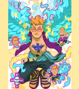 Rule 34 | 1boy, abs, alternate form, beard, bird, blonde hair, blue sash, blue wings, border, chest tattoo, chibi, commentary, facial hair, full body, glasses, highres, jolly roger, looking at viewer, male focus, marco (one piece), mimscosara, multiple views, one piece, open clothes, open shirt, phoenix, purple shirt, sandals, sash, shirt, smile, sparkle, tail, tattoo, whitebeard pirates jolly roger, wings, yellow border