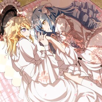 2girls animate_(company) animate_cafe artist_request bang_dream! bang_dream!_it&#039;s_mygo!!!!! blue_hair cherry_blossoms chinese_commentary closed_mouth commentary_request commission dappled_sunlight day dress drill_hair highres holding_hands interlocked_fingers long_hair looking_at_another lying medium_hair misumi_uika multiple_girls on_side outdoors parted_lips picnic_blanket pink_dress purple_eyes second-party_source smile socks sunlight togawa_sakiko white_socks yellow_eyes yuri