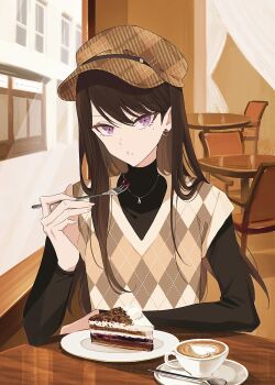 1girl alternate_costume bang_dream! bang_dream!_it's_mygo!!!!! black_hair black_skirt cake cake_slice chair coffee_mug collar commentary commission cup earrings english_commentary food fork hat highres holding holding_fork indoors jewelry long_hair looking_at_viewer mole mole_under_eye mug plate pov purple_eyes restaurant ringo_orihara shiina_taki skirt solo spoon sweater table turtleneck window