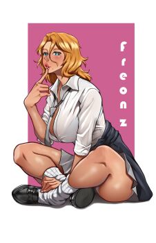 1girl artist_name bleach bleach:_sennen_kessen-hen blouse blush border breasts crossed_legs female_focus freon_z highres knee_socks large_breasts lips matsumoto_rangiku medium_hair mole mole_under_mouth necktie parted_lips shirt simple_background sitting skirt white_border