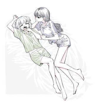 Rule 34 | 2girls, absurdres, bang dream!, bang dream! it's mygo!!!!!, barefoot, black hair, blue shirt, blue shorts, commentary request, fang, green shirt, green shorts, head rest, highres, kaname raana, korean commentary, long hair, lying, multiple girls, neonfloyd, open mouth, pajamas, shiina taki, shirt, short hair, shorts, white hair