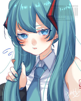 1girl absurdres blue_eyes blue_hair blue_nails blue_necktie blue_trim blush collared_shirt commentary_request detached_sleeves hair_between_eyes hair_ornament hatsune_miku highres long_hair long_sleeves looking_at_viewer mai_mugi necktie open_mouth shirt signature simple_background sleeveless sleeveless_shirt solo twintails twitter_username upper_body very_long_hair vocaloid watermark white_background white_shirt