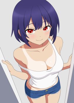 1girl blue_shorts breasts center-flap_bangs cleavage closed_mouth collarbone commentary_request cowboy_shot denim denim_shorts dot_nose from_above hands_up highres large_breasts looking_at_viewer looking_up medium_hair no_bra original purple_hair red_eyes short_shorts shorts smile solo standing strap_slip take_zenni_chikuzenni tan tank_top tanline white_tank_top