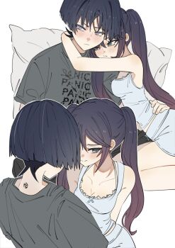 1boy 1girl alternate_costume arm_around_neck averting_eyes bare_shoulders birthmark blue_ribbon blunt_ends blush breast_press breasts camisole casual choppy_bangs cleavage closed_mouth collarbone contemporary couple eyelashes fingernails frilled_shirt frills from_above genshin_impact gradient_hair grey_eyes grey_hair grey_shirt grey_sleeves hand_on_another&#039;s_back head_on_another&#039;s_shoulder hetero highres hug long_hair looking_at_another looking_down medium_breasts mitsudomoe_(shape) mona_(genshin_impact) multicolored_hair multiple_views nape pillow pink_hair ribbon scaramouche_(genshin_impact) shirt short_shorts short_sleeves shorts sidelocks sleeveless sleeveless_shirt spaghetti_strap tomoe_(symbol) tsurime twintails white_camisole white_shorts ysnden