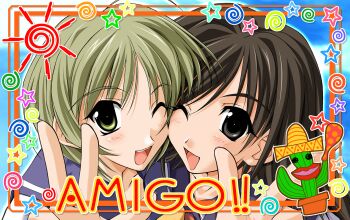 blush brown_hair cactus green_eyes green_hair highres long_hair memories_off memories_off_1 memories_off_2nd non-web_source official_art open_mouth otowa_kaoru sailor school_uniform shirakawa_hotaru short_hair smile tobise_tomoe v