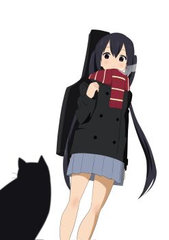 1girl animal black_cat black_hair black_jacket blue_skirt blurry blurry_foreground blush brown_eyes buttons cat double-breasted highres instrument_case instrument_case_on_back jacket k-on! looking_at_animal nakano_azusa pleated_skirt red_scarf rytoua318 scarf simple_background skirt solo twintails white_background
