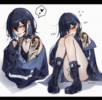 1girl artist_name black_boots black_hair blue_hair blush boots breasts cleavage closed_mouth colored_inner_hair commentary cross ear_piercing earrings english_commentary hair_between_eyes heart hiccup highres jewelry keisea lace-up_boots multicolored_hair original piercing shadow shoulder_tattoo spoken_heart tattoo yellow_eyes yue_(keisea)