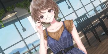 1girl adjusting_eyewear belt black_belt blue_dress blue_reflection_(series) blue_reflection_sun blue_sky brown_eyes brown_hair brown_shirt cafe ceiling_light chair closed_mouth collarbone day dress dutch_angle frilled_shirt frills game_cg glasses hanging_plant highres indoors ivy kishida_mel looking_at_viewer non-web_source official_art pinafore_dress plant potted_plant round_eyewear shirt short_hair short_sleeves sky sleeveless sleeveless_dress smile solo table takaoka_yukiko window wooden_floor