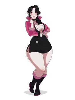 1girl 2022 black_boots black_choker black_dress black_hair blush boots braid breasts choker cleavage commentary cosplay cross-laced_clothes dress english_commentary eyebrows_hidden_by_hair female_focus full_body fur-trimmed_boots fur-trimmed_jacket fur_trim groin_tendon high_heel_boots high_heels highres jacket large_breasts legs_together long_hair looking_at_viewer low-braided_long_hair low-tied_long_hair original parted_bangs parted_lips pink_jacket pink_trim pointy_ears shadow shermie_(kof) side_slit simple_background solo standing standing_on_one_leg the_king_of_fighters the_king_of_fighters_xv thick_lips thick_thighs thighs valerie_(sobossweagner) vampire