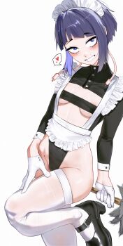 1girl absurdres alternate_costume apron audio_jack black_footwear black_leotard boku_no_hero_academia breasts center_opening duster enmaided feather_duster grin heart highres holding holding_duster jiro_kyoka leotard long_earlobes looking_at_viewer maid maid_apron maid_headdress purple_eyes purple_hair short_hair simple_background small_breasts smile solo speech_bubble spoken_heart teeth thighhighs underboob waligner white_apron white_background white_thighhighs