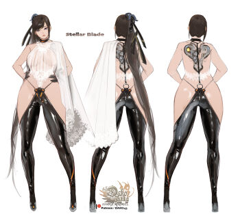 1girl artist_logo ass black_hair blunt_bangs breasts clothing_cutout clothing_request commentary copyright_name english_commentary eve_(stellar_blade) hair_ornament hands_on_own_hips highres hip_vent hu_dako logo long_hair mechanical_spine multiple_views patreon_username ponytail see-through_clothes short_hair stellar_blade very_long_hair white_background