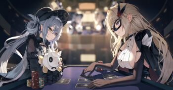 2girls :o aqua_hair armband black_armband black_bonnet black_dress black_gloves black_leotard black_nails black_ribbon blonde_hair blurry blurry_background bonnet breasts button_eyes buttons card choker_over_clothes commentary_request dress elbow_gloves eye_mask feather_hair_ornament feathers frilled_dress frills gloves hair_between_eyes hair_extensions hair_ornament hair_rings hairband highres holding holding_stuffed_toy indoors karasuba_sapphire large_breasts leotard long_hair low-tied_hair_ring mask multiple_girls nono_(poker_fate) official_art playing_card poker_chip poker_fate poker_table purple_eyes quad_hair_rings ribbon ring_hair_extensions ring_hair_ornament sideboob stuffed_animal stuffed_toy stuffed_unicorn suumon table white_hairband yellow_eyes