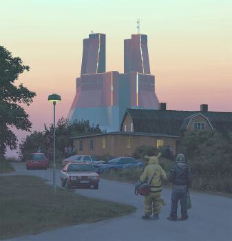 6+boys animal_ears architecture audi bag black_hair brown_hair building car company_logo cosplay gen_1_pokemon grass hat highres hood house jacket lamppost long_sleeves motor_vehicle multiple_boys nintendo outdoors pants pikachu pikachu_(cosplay) pikachu_ears pikachu_hood pikachu_tail pokemon pokemon_tail road science_fiction shirt shoes simon_stalenhag sky standing subaru_(brand) subaru_impreza swedish_machines tail tree vehicle_request walking window