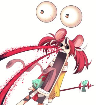 1girl anatomical_nonsense animal_ears blood blue_bow bow disembodied_eye hakos_baelz hakos_baelz_(1st_costume) hololive hololive_english jaw_drop long_sleeves long_tongue morishima_hitoshi mouse_ears mouse_girl mouse_tail nosebleed open_mouth red_hair simple_background skirt sleeves_past_wrists solo tail tail_bow tail_ornament tongue tongue_out twintails virtual_youtuber what white_background