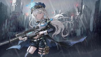 1girl belt black_jacket black_shorts black_thighhighs blue_hat blue_necktie blush braid collared_shirt commentary_request commission earrings endroll00 garter_straps grey_hair gun hat holding holding_gun holding_weapon jacket jewelry long_hair long_sleeves looking_at_viewer necktie open_clothes open_jacket original outdoors parted_lips rain shirt shorts skeb_commission solo thighhighs weapon white_belt white_shirt