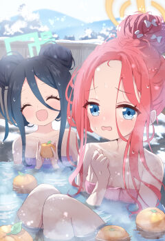 2girls :o ^_^ aris_(blue_archive) bathing black_hair blue_archive blush bow closed_eyes collarbone commentary_request double_bun food forehead fruit hair_between_eyes hair_bow hair_bun halo highres knees_up loli long_hair_between_eyes looking_at_viewer mikumiku37 multiple_girls naked_towel onsen orange_hair outdoors partial_commentary refraction same-sex_bathing shared_bathing single_hair_bun sitting smile snow towel wet wet_hair white_bow yuzu_(blue_archive) yuzu_(fruit) yuzu_bath