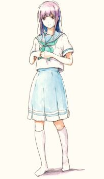 Rule 34 | 1girl, absurdres, bbmasa, blue neckerchief, blue sailor collar, blue skirt, blunt bangs, closed mouth, commentary request, full body, hibike! euphonium, highres, kitauji high school uniform, kneehighs, liz to aoi tori, long hair, looking at viewer, neckerchief, no shoes, purple hair, red eyes, sailor collar, school uniform, shirt, short sleeves, simple background, skirt, socks, solo, standing, summer uniform, traditional media, white background, white shirt, white socks, yoroizuka mizore