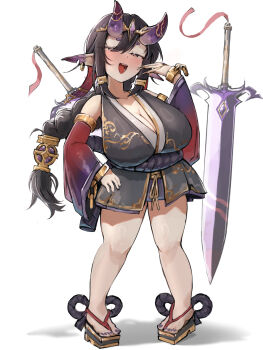 1girl :d absurdres alterkyon azuma_douji_(mofumancer) bare_legs black_dress black_hair blush braid breasts cleavage commission commissioner_upload detached_sleeves dress earrings fingernails floating floating_object floating_sword floating_weapon gem gem_on_head gold_tiara gold_trim gold_wrist_cuffs gradient_sleeves hair_ornament hand_on_own_hip head_ornament highres huge_breasts jewelry long_fingernails long_sidelocks non-web_source notched_ear open_mouth original pointy_ears sandals second-party_source shortstack sidelocks simple_background single_braid single_earring smile solo sword sword_on_back tassel tiara weapon weapon_on_back white_background wrist_cuffs zouri