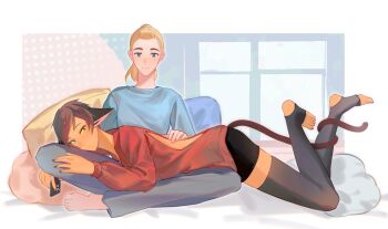 2girls adora_(she-ra) animal_ears back_cutout black_shorts black_thighhighs blonde_hair blue_shirt blush brown_hair cat_ears cat_girl cat_tail catra cellphone closed_mouth clothing_cutout commentary_request cushion grey_pants heterochromia highres holding holding_phone indoors long_hair lying_on_lap multiple_girls pants phone ponytail red_sweater she-ra_and_the_princesses_of_power shirt shorts smartphone smile sweater tail thighhighs yellow_eyes youliqy yuri