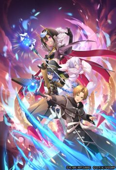 Rule 34 | 1boy, 3girls, aqua heartia, ariel (kumo desu ga nani ka?), black bow, black gloves, blue eyes, blue fire, blue hair, bow, brown hair, casting spell, commentary request, fire, gloves, green eyes, hat, highres, holding, holding staff, kumo desu ga nani ka?, mage staff, multicolored hair, multiple girls, mushoku tensei, roxy migurdia, rudeus greyrat, shiraori, sickle, sky, smile, staff, sunset, white hair, witch hat