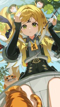 Rule 34 | 1girl, animal ear fluff, animal ears, black gloves, blonde hair, cat, closed mouth, commentary, elbow gloves, fangs, fingerless gloves, gloves, green eyes, grey shirt, hands up, highres, holding, holding paintbrush, jacket, ju fufu, kneeling, long hair, long sleeves, looking at viewer, multicolored hair, official art, open clothes, open jacket, orange cat, paintbrush, pout, reflection, reflective liquid, shirt, short sleeves, tail, talking, tiger ears, tiger girl, tiger tail, v-shaped eyebrows, yellow jacket, zenless zone zero