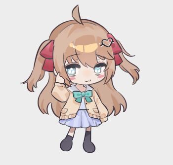 Rule 34 | 1girl, :3, ahoge, ambermut, aqua bow, aqua bowtie, asymmetrical legwear, black socks, black thighhighs, blue eyes, blue skirt, blush stickers, bow, bowtie, brown hair, cardigan, chibi, chibi only, closed mouth, grey background, hair between eyes, hair ribbon, long hair, long sleeves, looking at viewer, miniskirt, neuro-sama, open cardigan, open clothes, pleated skirt, pointing, red ribbon, ribbon, sailor collar, simple background, skirt, socks, solo, standing, thighhighs, two side up, vedal ai, very long hair, white sailor collar, yellow cardigan