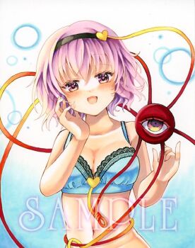 1girl :d alternate_costume bikini breasts cleavage eyeball happy harumomo_(halmomo) komeiji_satori looking_at_viewer medium_breasts open_mouth purple_eyes purple_hair simple_background smile solo swimsuit third_eye touhou