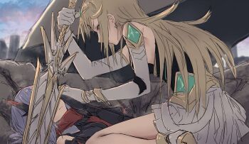 2girls bare_shoulders blonde_hair closed_mouth commentary_request covered_eyes elbow_gloves gloves highres holding holding_sword holding_weapon long_hair looking_at_another lying miniskirt multiple_girls mythra_(xenoblade) on_back outdoors poppi_(xenoblade) poppi_alpha_(xenoblade) purple_hair sidelocks sitting skirt sword very_long_hair wariza weapon white_gloves white_skirt xenoblade_chronicles_(series) xenoblade_chronicles_2 yukitake_(bullfalk)