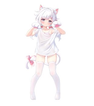 1girl absurdres animal_ears animal_hands azur_lane bow bra cat_ears cat_girl cat_paws cat_tail collarbone commentary_request flandre_(azur_lane) full_body gluteal_fold hair_bow hair_ornament hairclip head_tilt highres kemonomimi_mode low_twintails medium_hair panties pink_bow pink_bra pink_panties purple_eyes qian_hen shirt silhouette simple_background single_off_shoulder solo standing star-shaped_pupils star_(symbol) symbol-shaped_pupils t-shirt tail tail_bow tail_ornament thighhighs thighs twintails underwear white_background white_hair white_thighhighs
