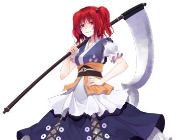 Rule 34 | 1girl, black sash, blue dress, blue skirt, breasts, closed mouth, coin, coin on string, collarbone, commentary request, cowboy shot, crote, dress, fingernails, hair bobbles, hair ornament, half-closed eyes, hand on own hip, hand up, highres, holding, holding scythe, large variant set, looking at viewer, obi, obidome, onozuka komachi, over shoulder, puffy short sleeves, puffy sleeves, red eyes, red hair, sash, scythe, short hair, short sleeves, skirt, smile, solo, standing, touhou, transparent background, two side up, v-shaped eyebrows, variant set, weapon, weapon over shoulder