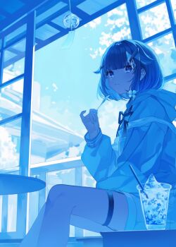 1girl akr_tmr blue_eyes blue_hair blue_nails blue_theme blunt_bangs closed_mouth cup drinking_glass drinking_straw flower food hair_flaps hair_ornament highres holding holding_spoon hood jacket long_sleeves looking_at_viewer short_hair sitting solo spoon table thigh_strap tsumugi_kokage utensil_in_mouth virtual_youtuber vspo! wind_chime