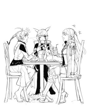 3girls alisaie_leveilleur animal_ears bamboo9545 boots braid cat_ears closed_eyes commentary crossed_arms cup drink drinking_straw elezen elf facial_mark final_fantasy final_fantasy_xiv greyscale high_heel_boots high_heels highres holding holding_cup holding_drink hume long_sleeves looking_at_another lyse_hext miqo&#039;te monochrome multiple_girls one_eye_closed open_mouth plate pointy_ears ponytail single_braid sitting smile table teacup thigh_boots whisker_markings y&#039;shtola_rhul