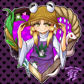 1girl adjusting_clothes adjusting_headwear animal_print artist_name blonde_hair brown_hat closed_mouth commentary frog frog_print green_eyes hat heart heart_in_eye highres long_hair looking_at_viewer moriya_suwako purple_skirt purple_vest raine_moriya rope shimenawa shirt skirt skirt_set smile snake solo symbol_in_eye touhou turtleneck upper_body vest white_shirt wide_sleeves