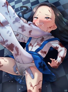 1boy 1girl age_difference asphyxiation black_hair blood blood_on_arm blood_on_clothes blood_on_face blue_skirt blush born-to-die brown_eyes checkered_floor clenched_teeth clock clock_tower_(series) drooling feet_out_of_frame fingering forehead held_down highres jennifer_simpson lips loli long_hair long_sleeves looking_at_another lying on_back overall_skirt panties parted_lips pussy_juice restrained saliva shirt skirt snot spread_legs strap_slip sweat tearing_up teeth thighs tower underwear water_drop white_panties white_shirt