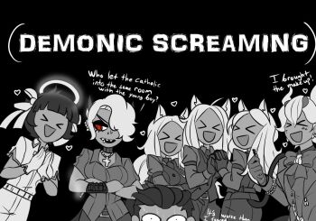 >_< 1boy 6+girls :d animal_ears azazel_(helltaker) beelzebub_(helltaker) belt black_background bow bowtie breasts cerberus_(helltaker) cross dog_ears english_text freckles gloves haaru hair_over_one_eye hair_ribbon halo helltaker helltaker_(character) holding_hands horns jacket large_breasts long_hair long_sleeves medium_breasts multiple_girls open_mouth pants red_eyes ribbon sharp_teeth shirt short_hair short_sleeves simple_background smile striped_clothes striped_shirt sweat teeth upper_teeth_only zdrada_(helltaker)