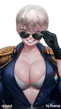 1girl adjusting_eyewear adjusting_glasses artist_name belt black_gloves blue1cup blue_eyes breasts character_request cleavage gloves grin highres large_breasts looking_at_viewer looking_over_eyewear looking_over_glasses sharp_teeth short_hair smile smirk sunglasses tagme teeth tinted_eyewear white_hair