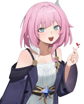 1girl bare_shoulders blue_eyes breasts coat commentary_request cyrene_(aedes_elysiae)_(honkai:_star_rail) cyrene_(honkai:_star_rail) dress flasso hair_ornament heart highres honkai:_star_rail honkai_(series) looking_at_viewer open_mouth pink_hair pointy_ears purple_coat short_hair simple_background small_breasts smile solo white_background white_dress white_hair