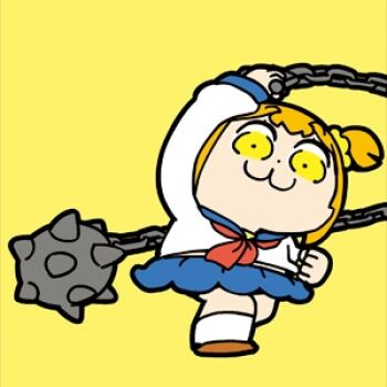 1girl :3 bad_id ball_and_chain_(weapon) bkub blonde_hair blue_sailor_collar blue_skirt brown_shoes chibi chibi_only closed_mouth colored_sclera dot_nose full_body holding holding_weapon long_sleeves lowres neckerchief poptepipic popuko red_neckerchief sailor_collar school_uniform serafuku shirt shoes short_hair simple_background skirt socks solo standing weapon white_shirt white_socks wide-eyed yellow_background yellow_sclera