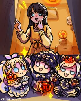 ! !! 5girls :&gt; :3 :d absurdres alternate_costume animal_ears animal_hands apron artist_name black_capelet black_hair black_hat blonde_hair blue_dress blue_eyes blush bow bowtie capelet cat_ears cat_tail ceras_yanagida_lilienfeld chibi closed_mouth commentary_request dated dress fake_animal_ears fake_tail flower gloves half_updo halloween halloween_bucket hat highres holding holding_staff ichigo_123_(love_live!) jitome kachimachi_kosuzu link!_like!_love_live! long_hair long_sleeves love_live! magical_girl multiple_girls murano_sayaka nose_blush open_mouth orange_apron osawa_rurino paw_gloves peeking_out pink_eyes plant potted_plant ruri&amp;to_(love_live!) shirt shizukumo smile sparkle staff standing tail trick-or-treating v-shaped_eyebrows virtual_youtuber white_dress white_shirt witch witch_hat yellow_flower yugiri_tsuzuri