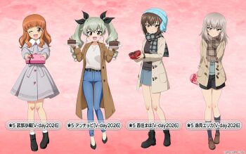 Rule 34 | 4girls, anchovy (girls und panzer), beanie, belt, black belt, black boots, black bow, black shoes, black shorts, black socks, black sweater, blue eyes, blue hat, blue pants, blue skirt, blunt bangs, blush, boots, bow, box, brown coat, brown eyes, brown hair, brown jacket, brown ribbon, brown shoes, buttons, cake, cake slice, capelet, casual, character name, chocolate cake, coat, commentary request, dress, drill hair, earflap beanie, food, gift, girls und panzer, girls und panzer senshadou daisakusen!, gradient background, green hair, green sweater, grey bow, grey capelet, grey dress, grey hair, hair bow, hat, heart, heart-shaped box, heart button, highres, holding, holding gift, holding plate, incoming gift, itsumi erika, jacket, legs, loafers, long coat, long hair, long sleeves, looking at viewer, medium hair, multiple girls, nishizumi maho, official art, one eye closed, open clothes, open coat, open mouth, orange hair, pants, plaid clothes, plaid scarf, plate, red background, red bow, red eyes, red ribbon, ribbon, scarf, shoes, short hair, shorts, skirt, smile, socks, sweater, takebe saori, thighs, translated, twin drills, v-neck, valentine, wavy hair, white socks